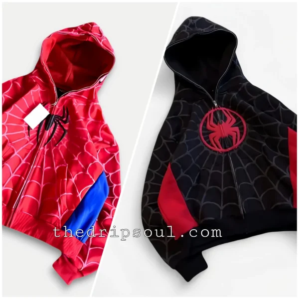 The Drip Soul Spidey Style Spider Hoodie black color and red color front view with Marvel-inspired spider graphic