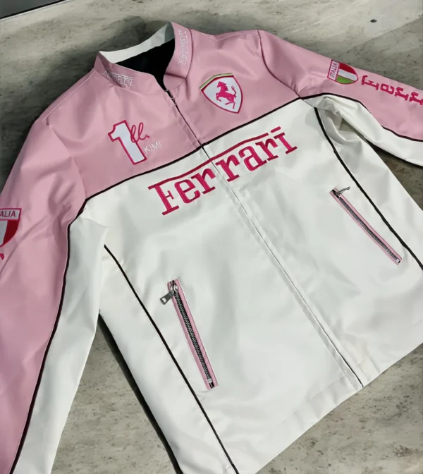 High-end pink Ferrari leather racing jacket from The Drip Soul – Ferrari-inspired design meets premium outerwear quality"