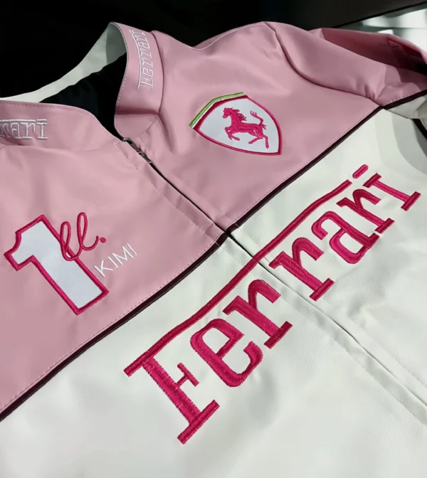 Close-up of Pink Ferrari Leather Racing Jacket in pink by The Drip Soul – fine stitching and authentic motorsport-inspired detailing