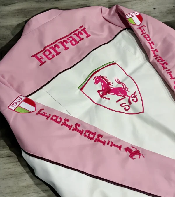 Back view of The Drip Soul Pink Ferrari Leather Racing Jacket showing premium craftsmanship and signature F1 racing stripes