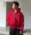 Model wearing Spidey Hoodie by The Drip Soul – premium superhero streetwear with bold web design and modern urban fit.