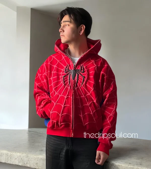 Model wearing Spidey Hoodie by The Drip Soul – premium superhero streetwear with bold web design and modern urban fit.