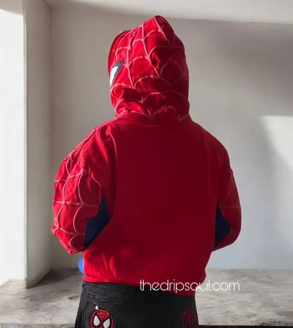 Back view of Spidey Hoodie by The Drip Soul showcasing unique superhero-inspired design and relaxed fit for streetwear lovers.