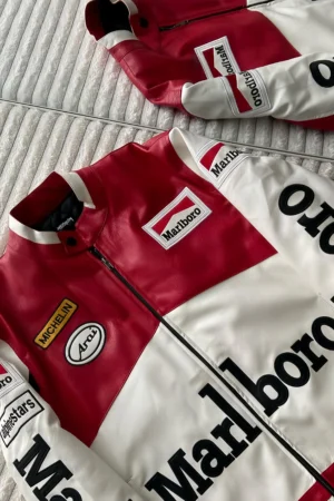 Close-up of premium leather texture on Vintage Marlboro Racing Jacket