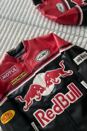 Close-up of Red Bull Leather Jacket zipper and logo detailing by THE DRIP SOUL