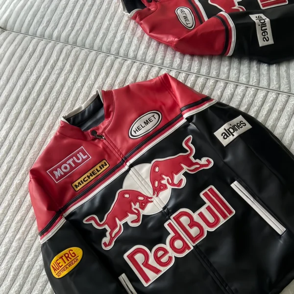 Close-up of Red Bull Leather Jacket zipper and logo detailing by THE DRIP SOUL
