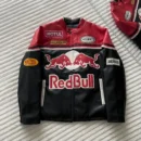 Front view of Red Bull Leather Jacket with F1 racing design by THE DRIP SOUL