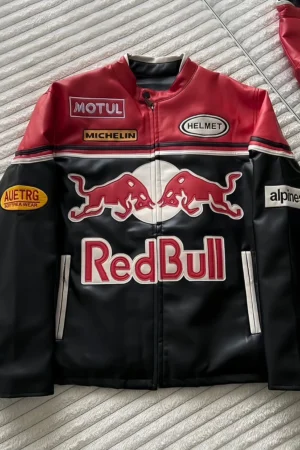 Front view of Red Bull Leather Jacket with F1 racing design by THE DRIP SOUL