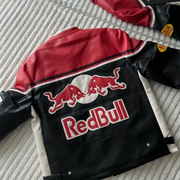 Back view of Red Bull Leather Jacket showing racing-inspired patches and graphics
