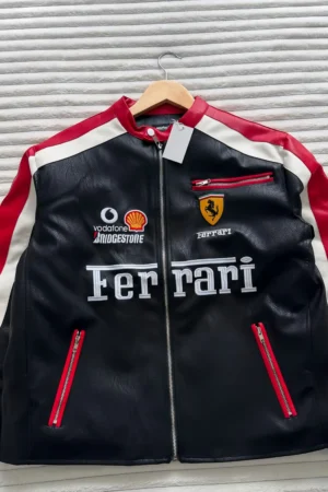 en’s Ferrari F1 Racing Leather Jacket by THE DRIP SOUL – High-performance motorsport outerwear with turbo-inspired design.