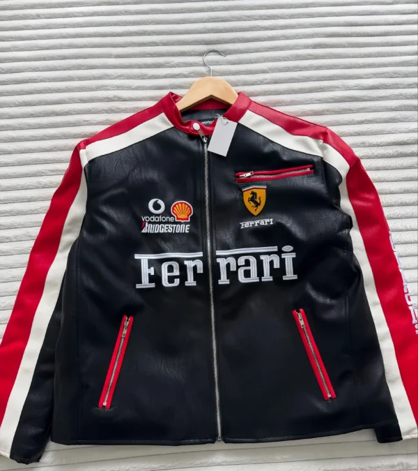 en’s Ferrari F1 Racing Leather Jacket by THE DRIP SOUL – High-performance motorsport outerwear with turbo-inspired design.
