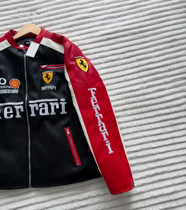 Black Turbo Racer F1 Leather Jacket – Ferrari-inspired racing fashion by THE DRIP SOUL.