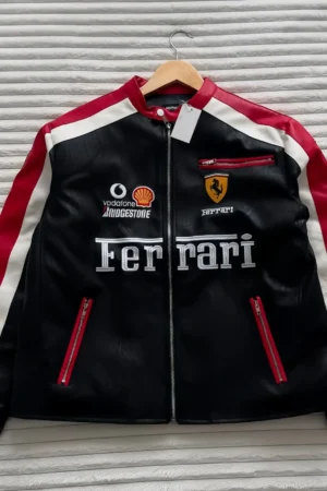 Front View of THE DRIP SOUL Ferrari F1 Turbo Racer Leather Jacket – Sleek black premium leather jacket inspired by Ferrari Formula 1 motorsport heritage.