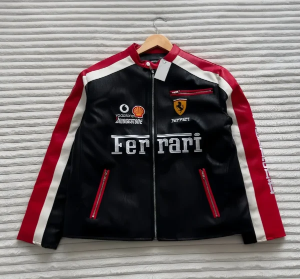 Front View of THE DRIP SOUL Ferrari F1 Turbo Racer Leather Jacket – Sleek black premium leather jacket inspired by Ferrari Formula 1 motorsport heritage.