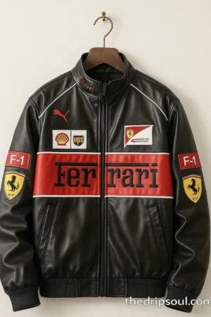 "Ferrari F1 Men's Premium Leather Racing Jacket in black – Scuderia Motorsport Edition by The Drip Soul