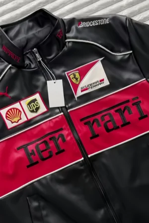 The Drip Soul Ferrari F1 Men's Premium Leather Racing Jacket – premium black leather motorsport jacket for men