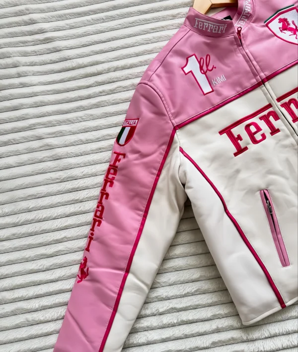 Close-up of premium pink leather and zipper details on Ferrari F1 Limited Edition Racing Jacket