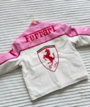Back view of Ferrari F1 Pink Leather Jacket showing racing-inspired design and stitching