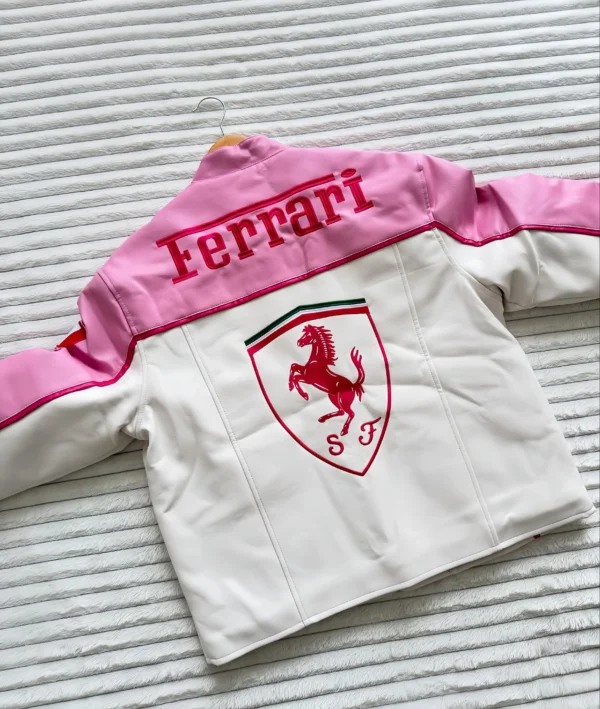 Back view of Ferrari F1 Pink Leather Jacket showing racing-inspired design and stitching