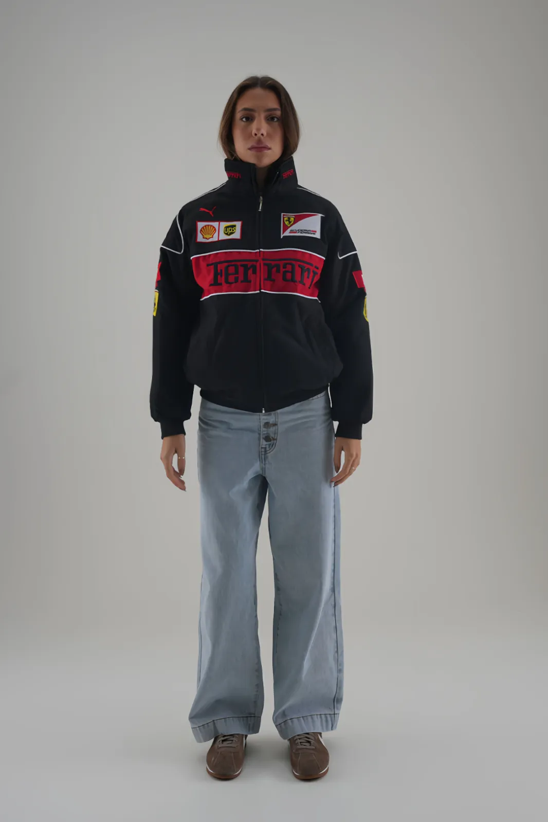 Ferrari F1 Motorsport Racing Legend Black and Red Racer Jacket styled with denim by THE DRIP SOUL