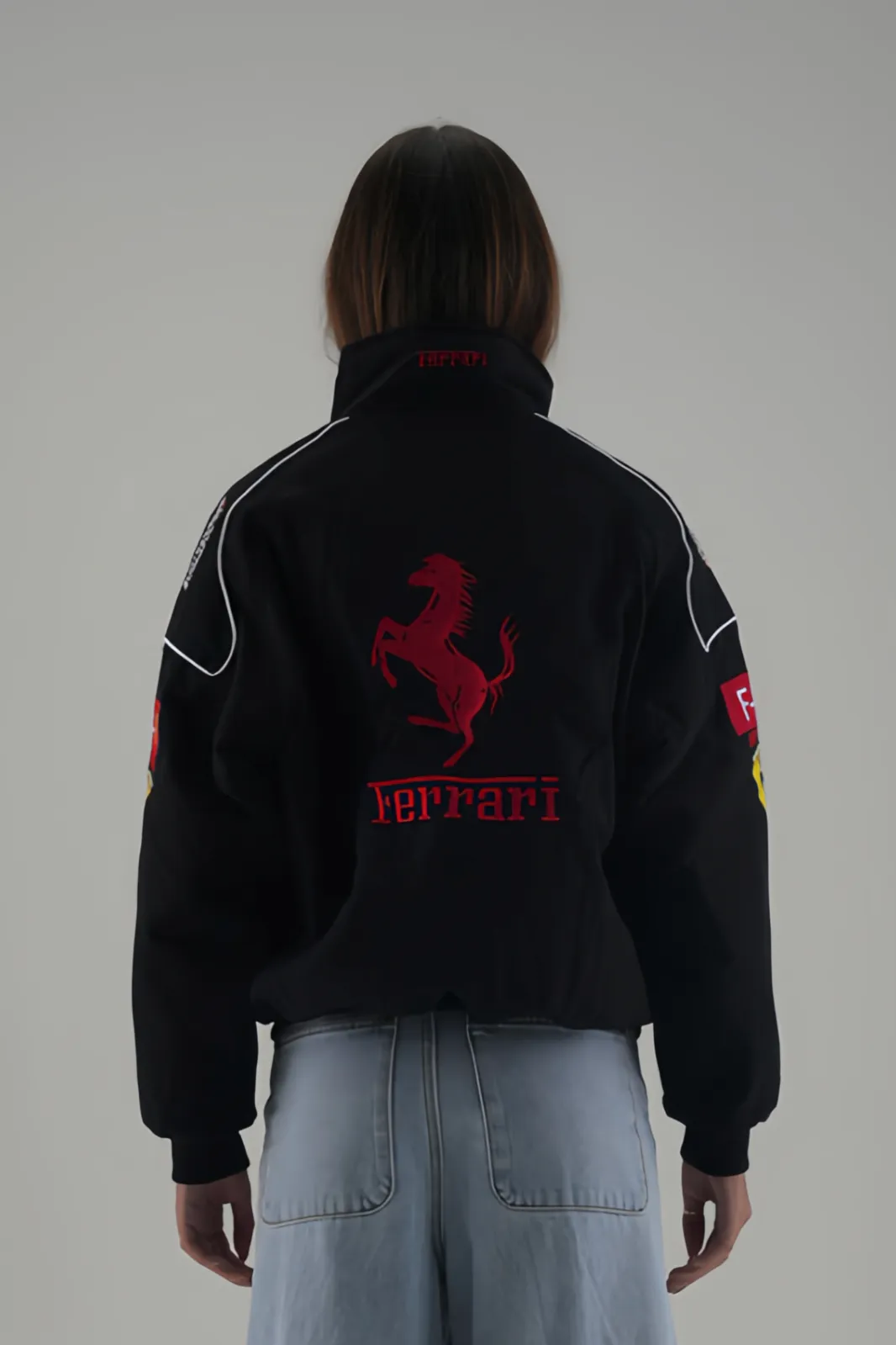 Back view of Ferrari F1 Racer Jacket showing the large embroidered Prancing Horse logo