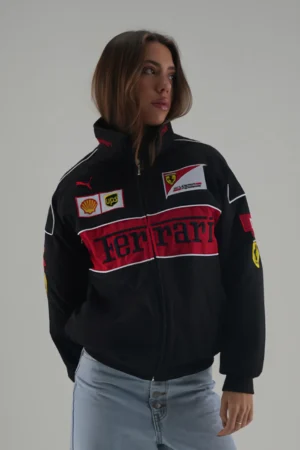 Close-up of Ferrari F1 Motorsport Racing Legend Black and Red Racer Jacket with Shell and UPS sponsor logos