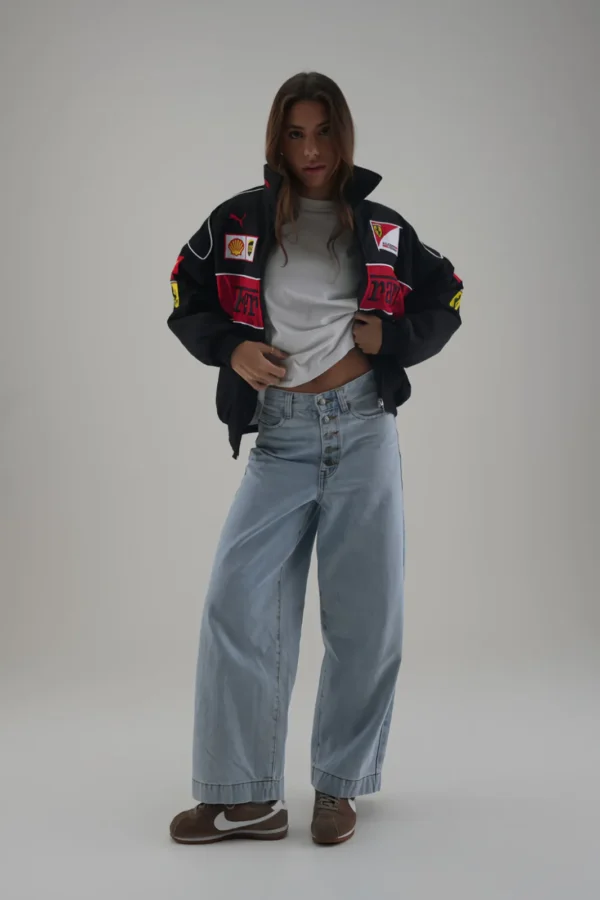 Ferrari F1 Motorsport Racing Legend Black and Red Racer Jacket styled with denim by THE DRIP SOUL