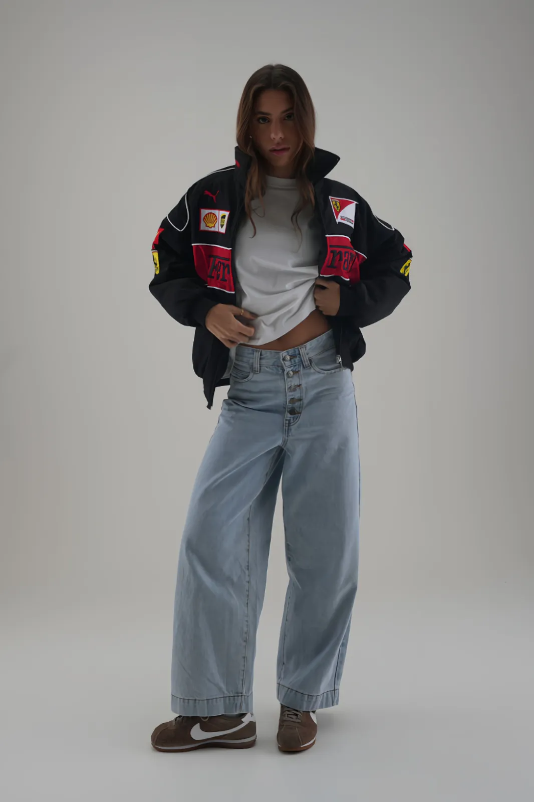 Ferrari F1 Motorsport Racing Legend Black and Red Racer Jacket styled with denim by THE DRIP SOUL