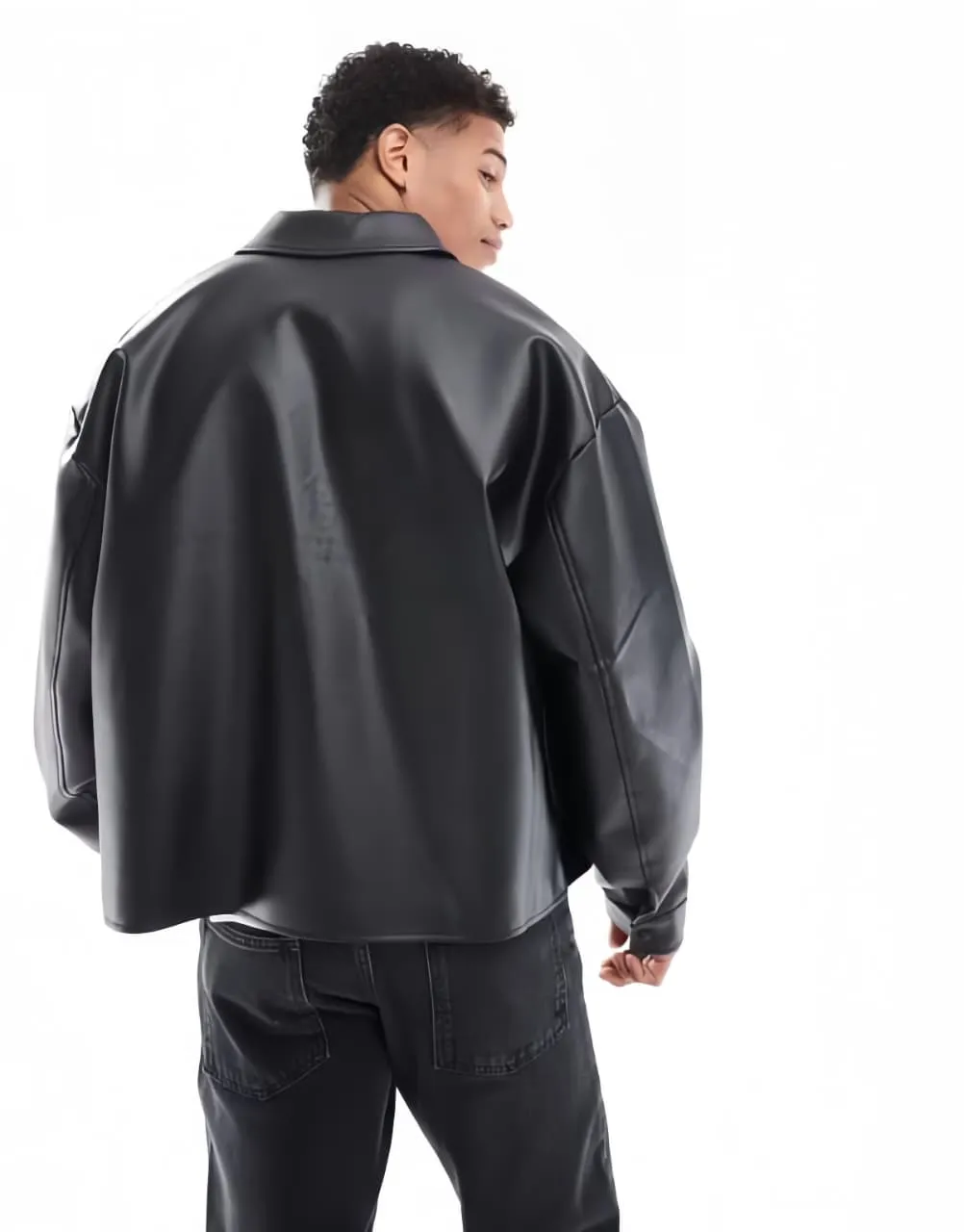 THE DRIP SOUL Oversized Black Faux Leather Jacket, baggy fit rear view showing drop-shoulder tailoring.