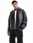 THE DRIP SOUL Men's Oversized Black Faux Leather Jacket, full front view with zip closure and collared neckline.