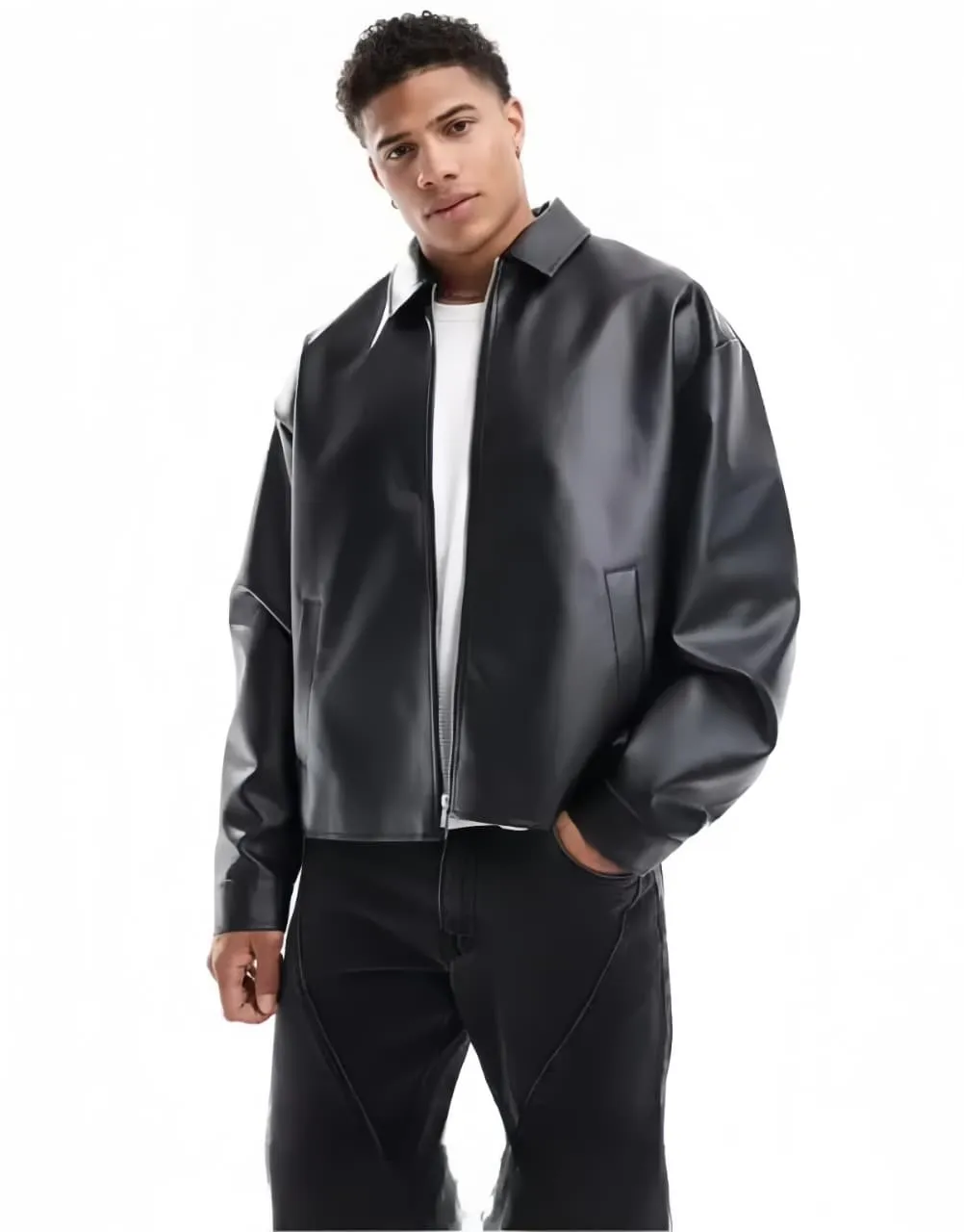 THE DRIP SOUL Men's Oversized Black Faux Leather Jacket, full front view with zip closure and collared neckline.