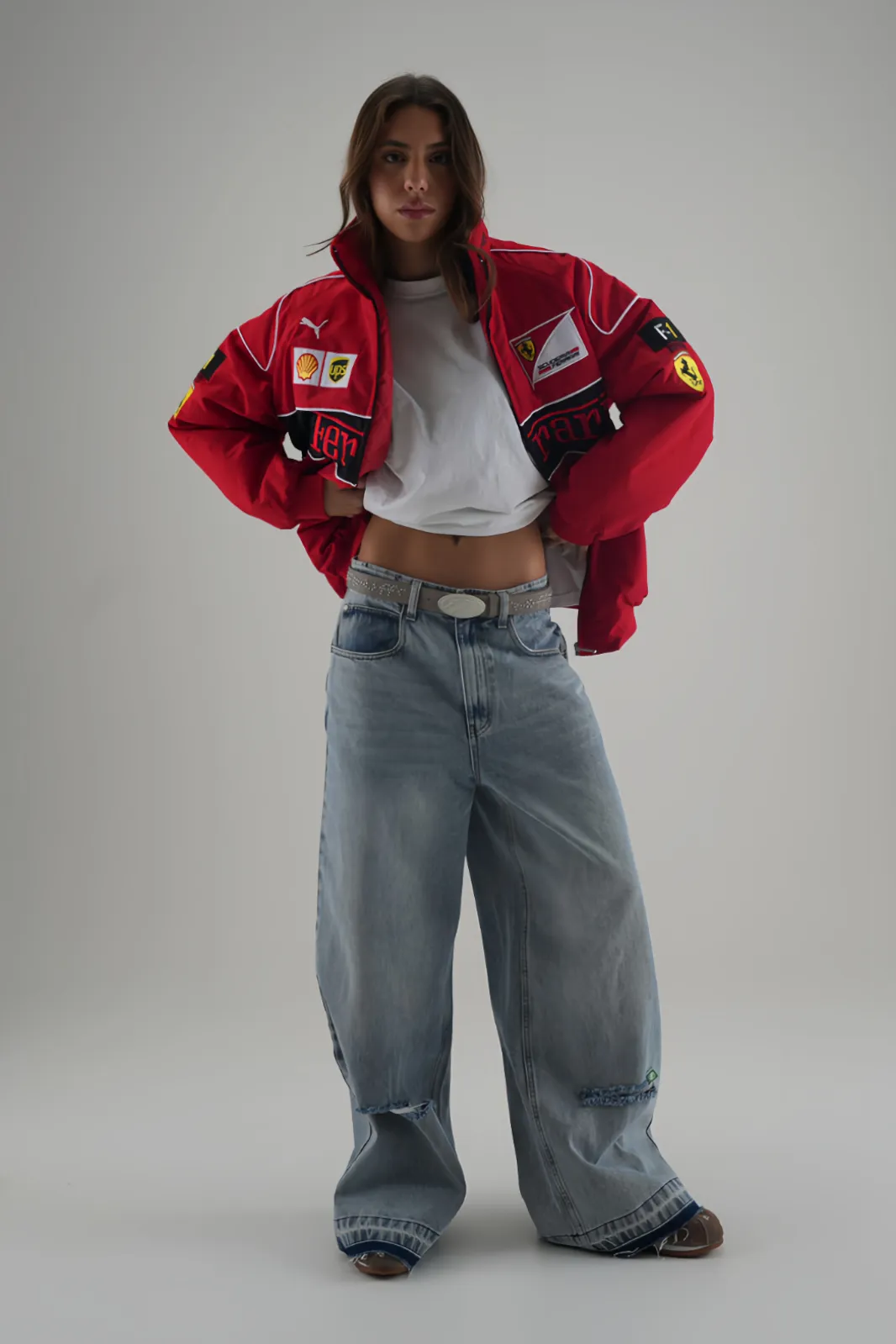 Styled look of the Ferrari F1 Elite Power Racer Jacket by THE DRIP SOUL.