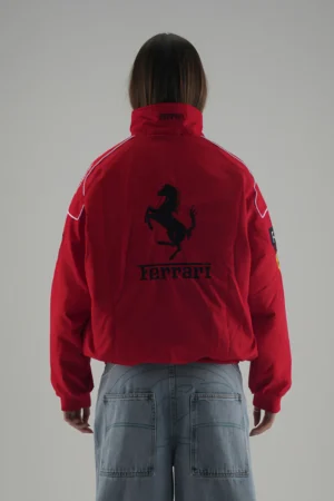 Back view of the Red & Black Racing Jacket featuring the iconic Ferrari F1 logo.