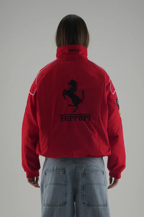 Back view of the Red & Black Racing Jacket featuring the iconic Ferrari F1 logo.
