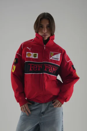 THE DRIP SOUL Ferrari F1 Elite Power Racer Jacket in Red & Black, styled with baggy jeans