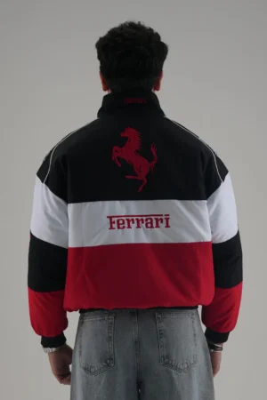 Back view of Ferrari Racer Jacket with Red Prancing Horse and Logo