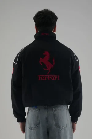 Back view of Ferrari F1 Timeless Legend Vintage Racing Jacket with red embroidered logo