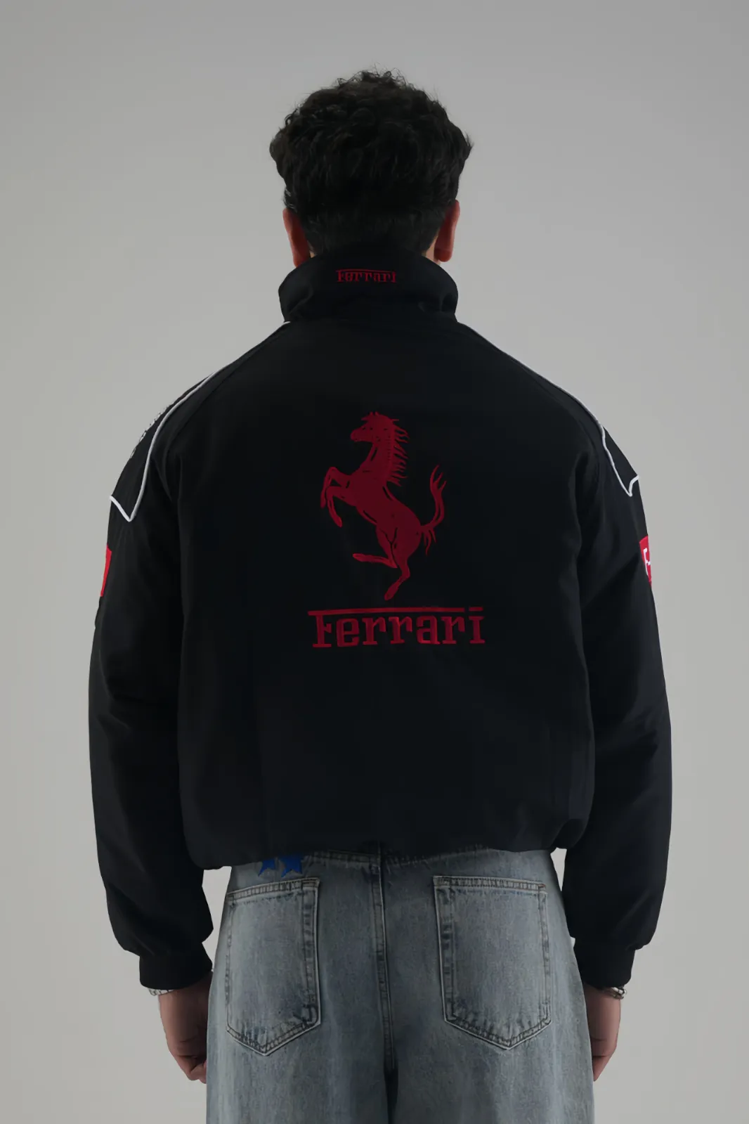 Back view of Ferrari F1 Timeless Legend Vintage Racing Jacket with red embroidered logo