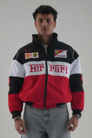 Ferrari F1 Speed Enthusiast White & Red Racer Jacket Front View