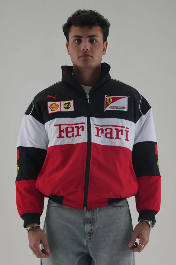 Ferrari F1 Speed Enthusiast White & Red Racer Jacket Front View