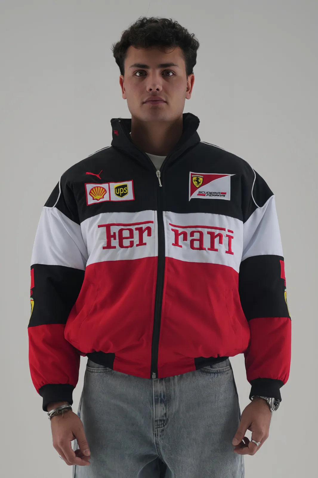 Ferrari F1 Speed Enthusiast White & Red Racer Jacket Front View