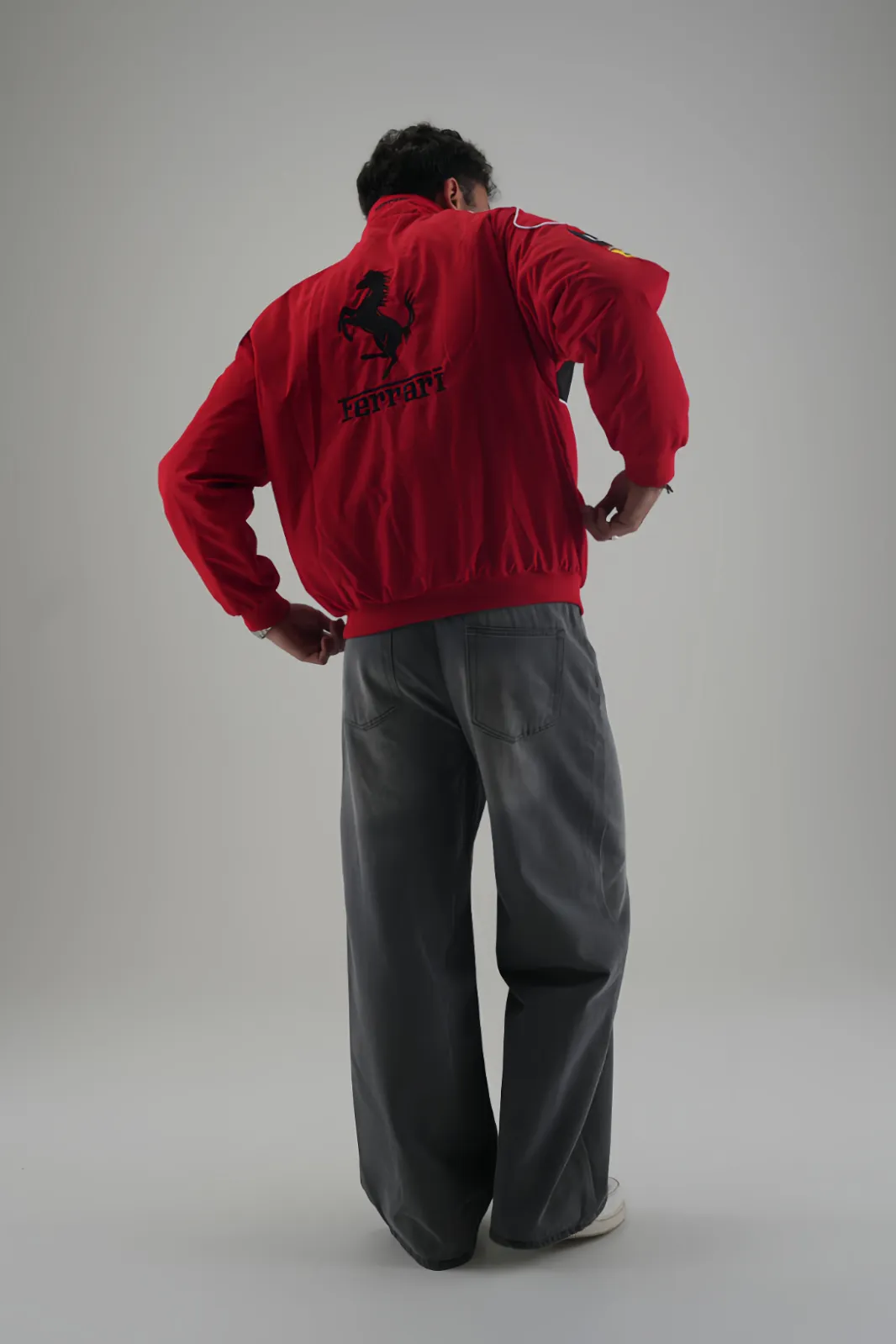 Red and Black Ferrari F1 Motorsport Racer Jacket back view stylish pose