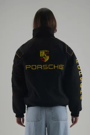 Back view of the Black & Yellow Porsche F1 Motorsport Puffer Jacket with large embroidered logo.