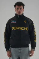 Iconic Porsche F1 Racing Jacket - Men's Black & Yellow Motorsport Bomber Full Front View with Embroidered Logo