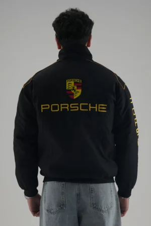 Back view of the Black & Yellow Porsche Motorsport Racing Bomber Jacket with large logo embroidery.