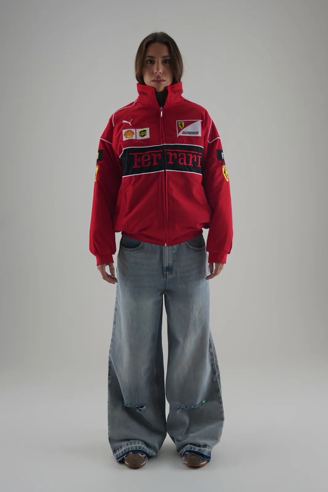 Full front view of THE DRIP SOUL's Red and Black Ferrari F1 Elite Power Racer Jacket
