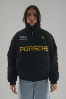 Vintage Style Porsche F1 Racing Jacket - Black & Yellow Bomber Puffer, Full Front View (Unisex)