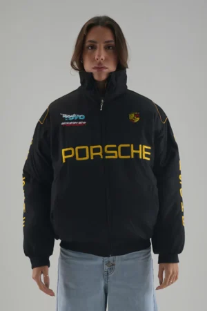 Vintage Style Porsche F1 Racing Jacket - Black & Yellow Bomber Puffer, Full Front View (Unisex)