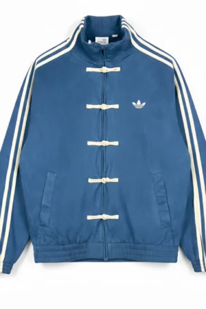 Blue Chinese New Year Knot Jacket by The Drip Soul, showcasing traditional Tang Style buttons and high-density vegan suede fabric.