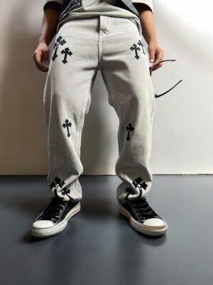 Urban Cross Print Baggy Straight Jeans - Bold Cross Design, Premium Denim Fabric, Comfortable Fit, Stylish Urban Streetwear, Available in Multiple Sizes